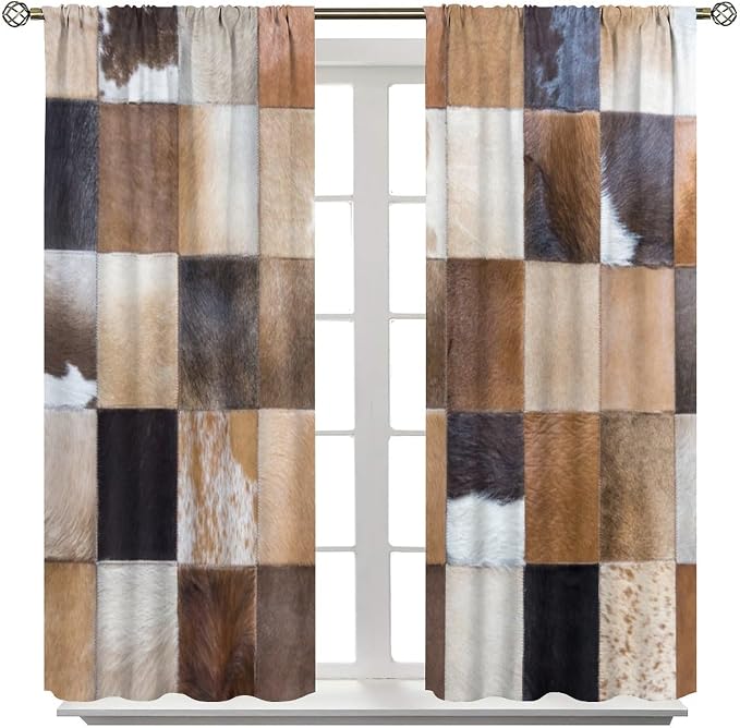 Cowhide Blackout Curtain, Retro Animal Spotted Brown Cow Texture Print Drapes, Rod Pocket Window Treatments 2 Panels Curtains for Dining Room Office Living Room Deocr 84" W X 84" L