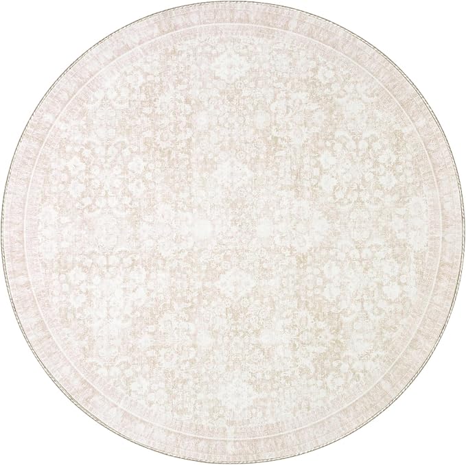 Sasttie Round Rugs 6ft, Ultra-Soft Washable Circle Rug, Low Pile Foldable Thin Carpets with Non-Slip Backing, Skin-Friendly Stain Resistant Carpet for Living Room, Bedroom, Kitchen, Dorm, 6ft, Cream