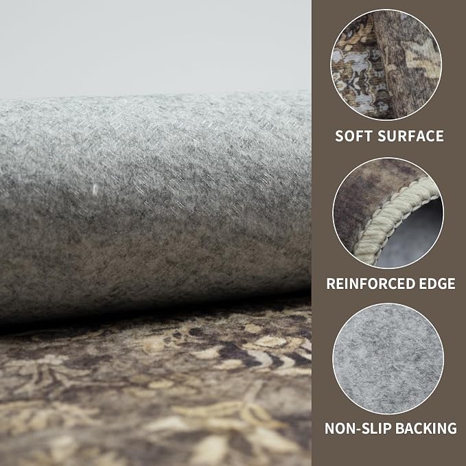 Washable Runner Hallway Rug,2x6 Non Slip Boho Non-Shedding Kitchen Carpet Soft Indoor Stain Resistant Rug for Bedroom Laundry Room Bathroom Brown Floral