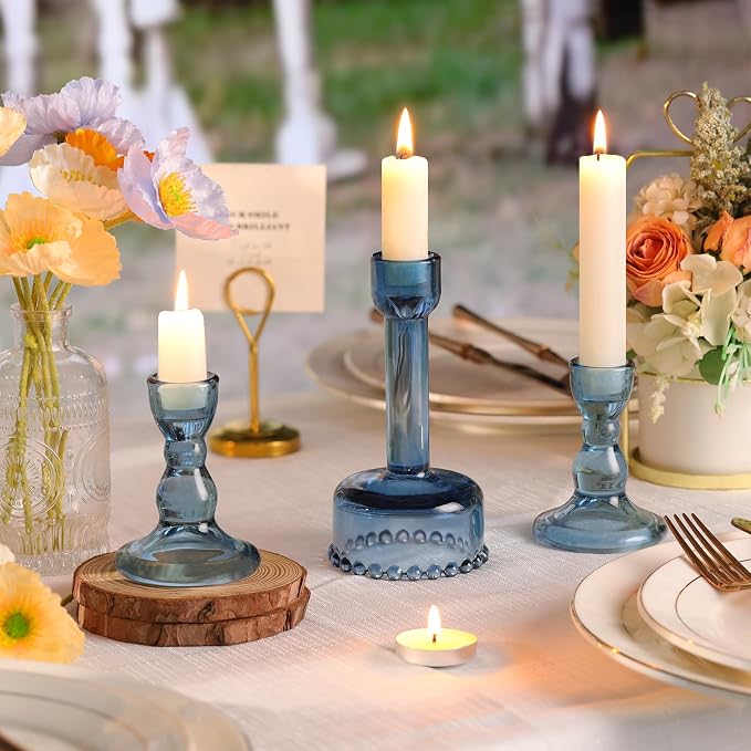 Lanttu 6 Pcs Blue Glass Candlestick Holders Taper Candle Holder Bulk | Crystal Candle Holders for Wedding, Table Centerpiece, Home Decoration