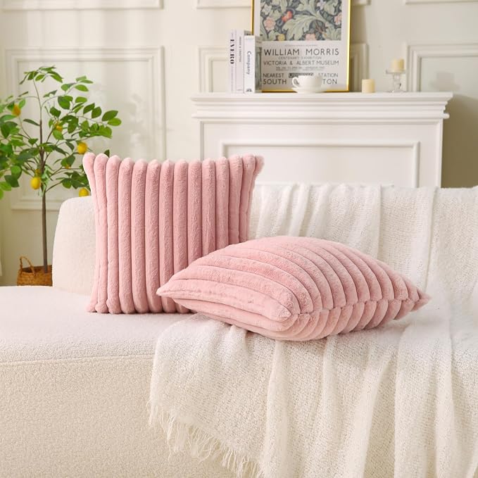 Decorative Throw Pillow with Inserts, Set of 2 Soft Faux Fur Throw Pillows, Square Boho Striped Pillow for Couch, Bed, Sofa Decor (Pink, 20" x 20"(Pack of 2))