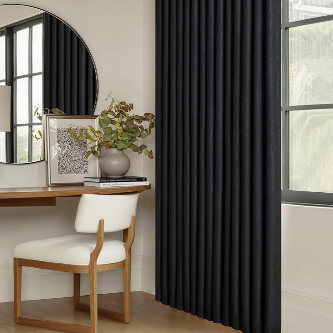 Black Pinch Pleated Linen Blackout Curtains 2 Panels for Living Room Bedroom Thermal Insulated 100% Black Out Linen Drapes with Liner Room Darkening Window Curtains 40x63