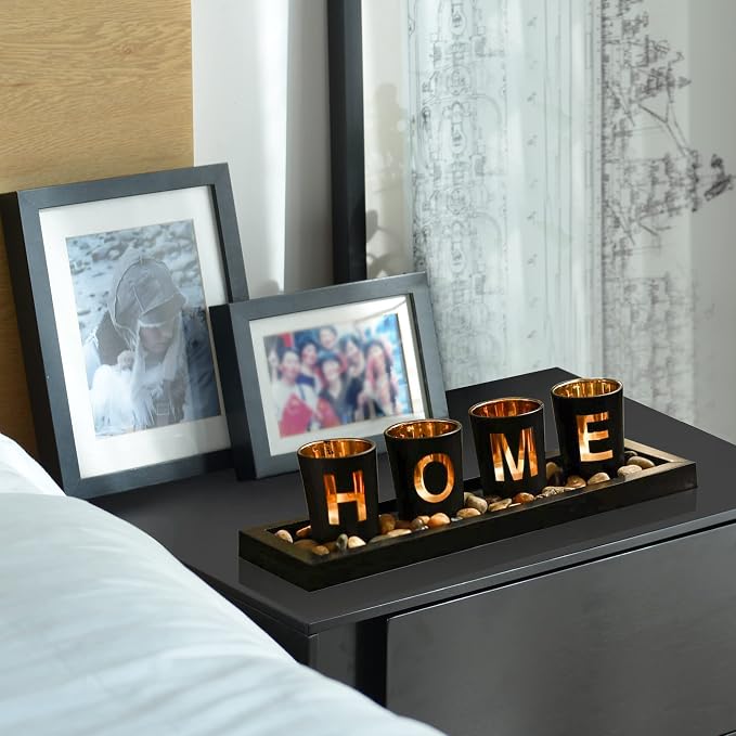 Home Decorative Candle Holder Set, 4 Glass Tea Light Candleholders with Wooden Candle Holders Tray, Natural Pebbles for Home Decor Table Decorations Centerpiece