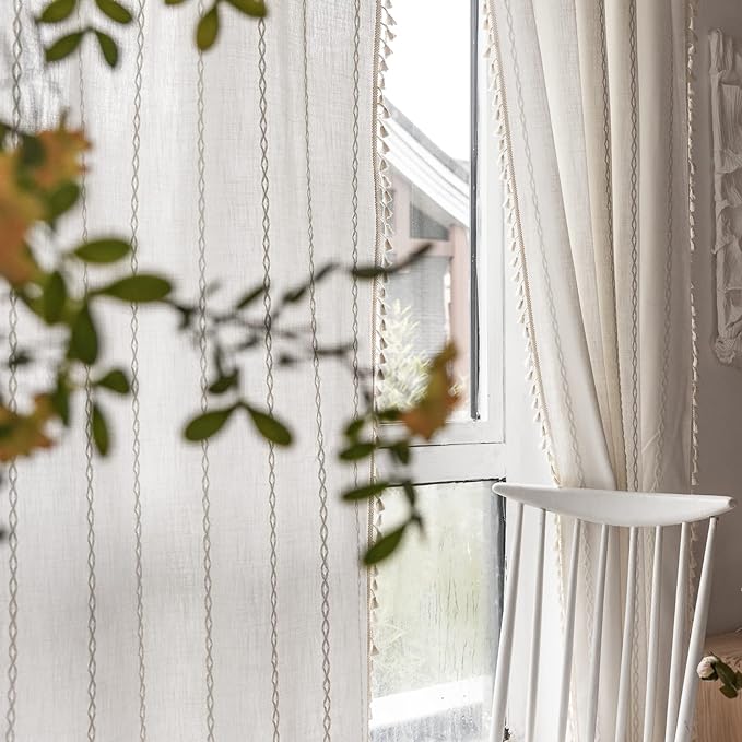 RoomTalks White Boho Farmhouse Curtains for Bedroom Living Room 84 Inch Length French Country Cute Polyester Window Curtain Panels Embroidery Striped Bohemian Chic Tassel Draperies, 84’’L x 52’’W