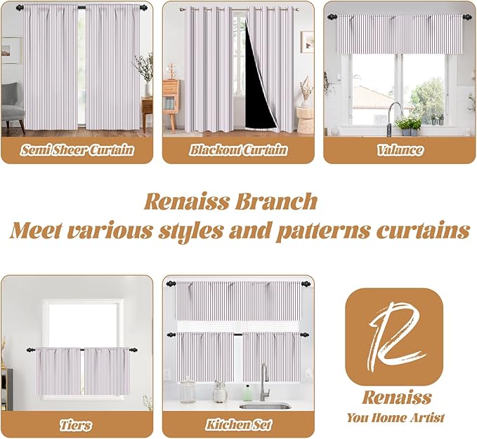 Renaiss 42 x 54 Inch Striped Kitchen Curtains for Windows Short Linen Texture Ticking Stripe Tier Curtains Small for Cafe Bathroom Basement Pinstripe Farmhouse Rod Pocket Window Drapes 2 Panels