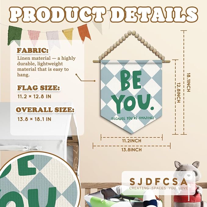 SJDFCSA Inspirational Boys Room Wall Art Decor, Kids Room Decor, Positive Affirmations Be You Because You Are Amazing Boho Checkered Wall Hanging Display Pennant Flag for Boy Nursery Bedroom Playroom