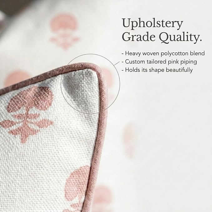 Jillien Harbor “The Lauderdale” Floral Block Print Pillow Cover – Blush Pink and Off-White Decorative Throw Pillow Cover – Grandmillennial Home Decor, 20" x 20"