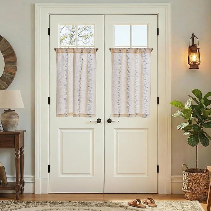 jinchan Katy Linen Floral Kitchen Curtains 30 Inches Length Stripe Cafe Curtains Farmhouse Cottagecore Tier Small Window Drapes for Living Room Light Filtering Rod Pocket 2 Panels Blue on Linen