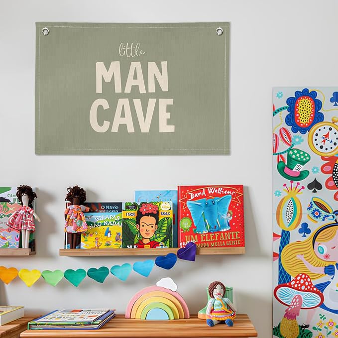 Little Man Cave Banner, Boys Room Decor, Sage Green Linen Canvas Banner Wall Hanging Flag Decor for Toddler Boy Nursery Playroom
