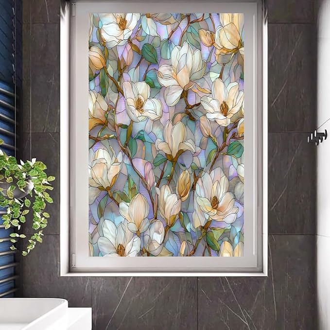Elegant Floral Plants Stained Glass Window Film, Classic Magnolia Blossoms Peel and Stick Privacy Film, Frosted Adhesive Vinyl Decorative for Bathroom Windows Glass Doors, 31.5Wx47.2L inch
