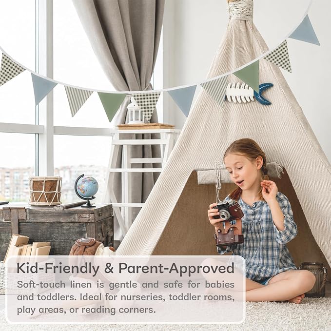 Boys Toddler Room Playroom Nursery Decor, Garland Triangle Banners Blue Grey, 11Ft Vintage Warm Neutral Plaid Design Pennant Banner Bunting Flags Fabric for Baby Shower Birthday Party