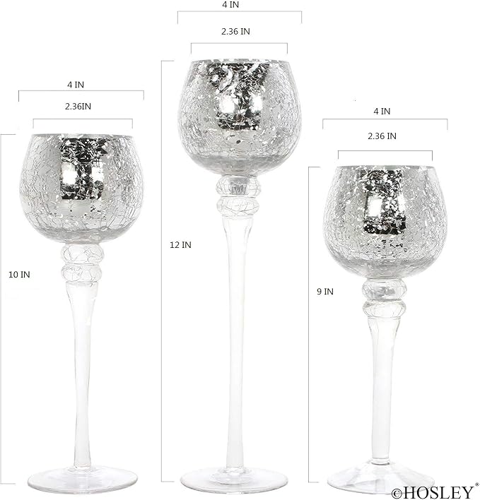 Hosley Set of 3 Crackle Metallic Glass Tealight Holders 12 Inch, 10 Inch, 9 Inch Elegant Home Decor for Ambient Lighting and Stylish Centerpieces and Gift