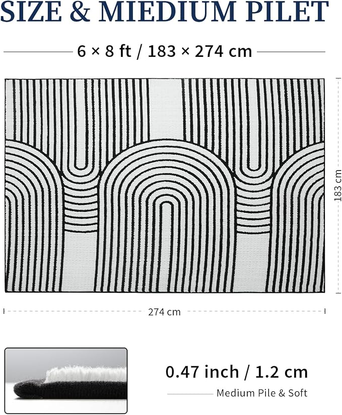 YIHOUSE 6×9 Ft Plush Soft Area Rugs, Washable Modern Black and White Arch Knot Rug, Non-Slip Non-Shedding Geometric Carpet for Living Room, Bedroom, Dining Room, Nursery, Home Decor