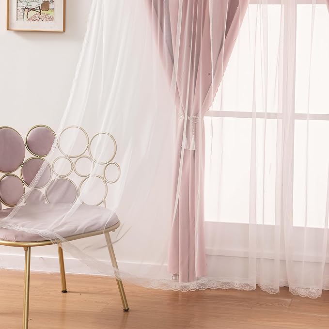 2 Panels Blush Pink Star Blackout Curtains 102 Inches Long, Privacy Light Filtering Cute Drapes for Kids Bedroom, Thick Grommet Double Layer Nursery Princess Curtains for Glass Door (40"W x 102"L)