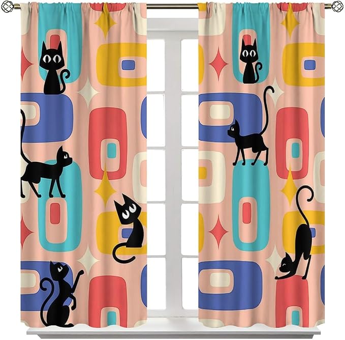 JESTRONRY Mid Century Style Curtains, Black Cat Modern Abstract Geometric 1950s 60s Vintage Colorful Blackout Rod Pocket Window Drapes for Living Room Bedroom Home Decor 42x63in