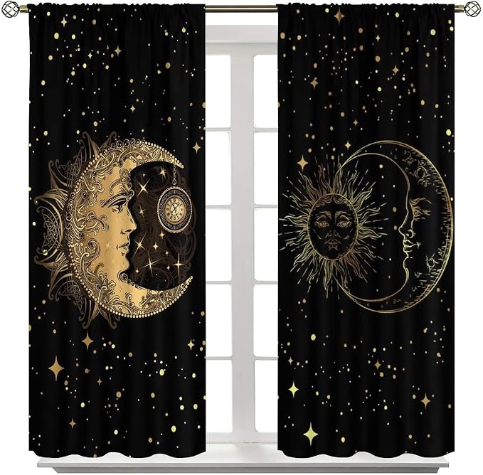 Sun and Moon Blackout Windows Curtains, Golden Planet Star Mysterious Galaxy Curtains Space Curtains, for Living Room Bedroom 72x63in 2 Panels