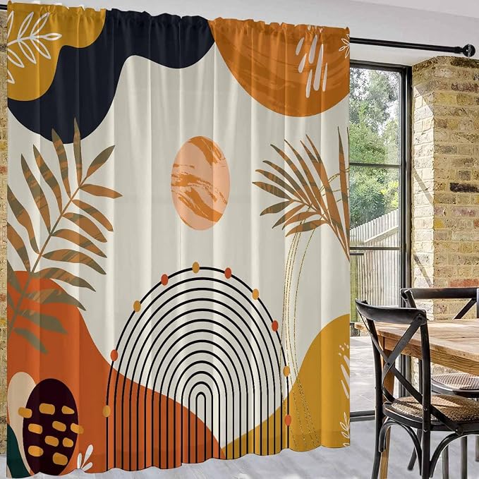 Boho Mid Century Abstract Leaves Curtains 52X84Inch Rainbow Living Room Curtain 2Pc Burnt Orange Curtains for Bedroom Modern Geometric Drapes Yellow Plant Colorful Curtain