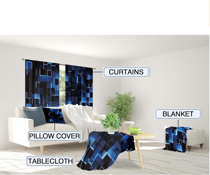 MESHELLY Abstract Blue Black Curtains 42Wx63H Inch Rod Pocket Modern 3D Gradient Design Futuristic Geometric Cubes Bedroom Window Drapes Man Boys Printed Living Room Window Treatment Fabric 2 Panels