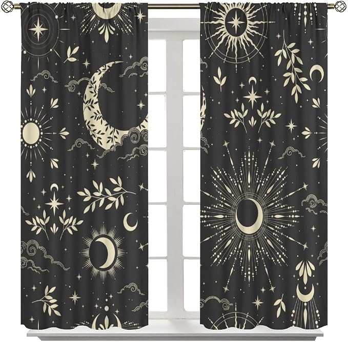 Golden Sun Moon Blackout Curtain, Bohemian Universe Sun Moon Clouds Stars Art Print Window Drapes, for Bedroom Living Room 72" W X 63" L