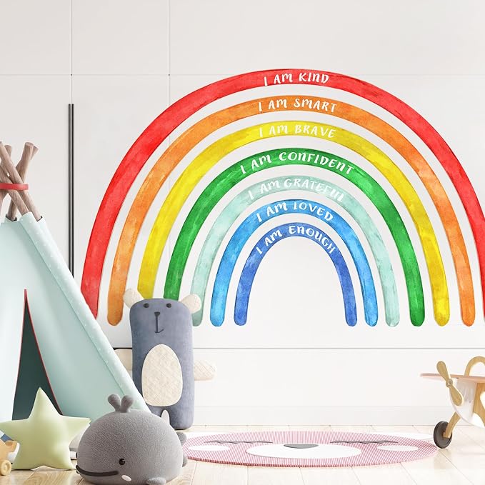 Tinideya 77" x 47'' Large Watercolor Rainbow Wall Decal with Inspirational Quote, Peel and Stick Rainbow Stickers Watercolor Vinyl Wall Mural Art for Girls Toddlers Playroom Bedroom Classroom(Bright)
