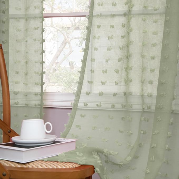 Sage Green Sheer Curtains 96 Inch Long 2 Panels Boho Pom Pom Design Bedroom Curtain Back Tab Soft Modern Farmhouse Lightweight Semi Sheer Greyish Light Green Window Drapes for Sliding Glass Door 52x96