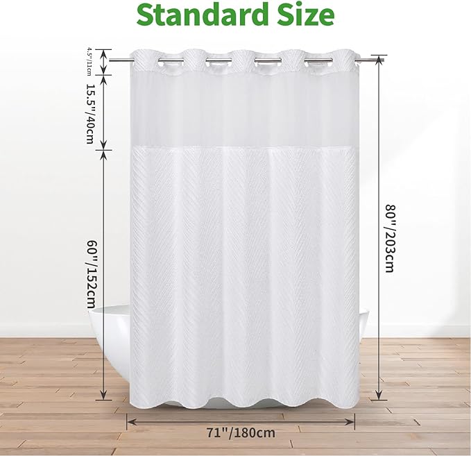 eachope Long No Hook Shower Curtain and Liner Set,Boho Style with See Through Top Window,White Fabric Tufted Striped Textured Outer Curtain with Snap in Liner, White,71Wx80H