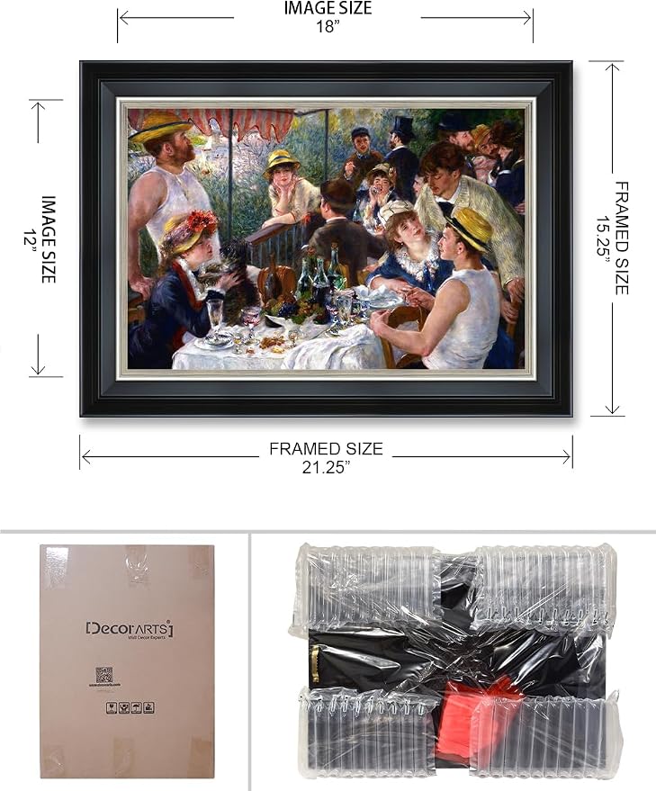 DECORARTS - Luncheon of the Boating Party by Pierre-Auguste Renoir. Giclee Prints on Canvas. Enhance Your Home and Office Decor with this Exquisite Framed Wall Art, Ready to Hang. 21.25x15.25