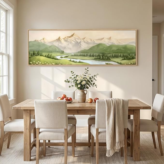 Large Framed Green Landscape Wall Art for Living Room, Long Narrow Modern Mountain Canvas Prints Painting for Walls, Horizontal Nature Pictures Wall Decor for Bedroom Dinning Room Office, 20x60 In