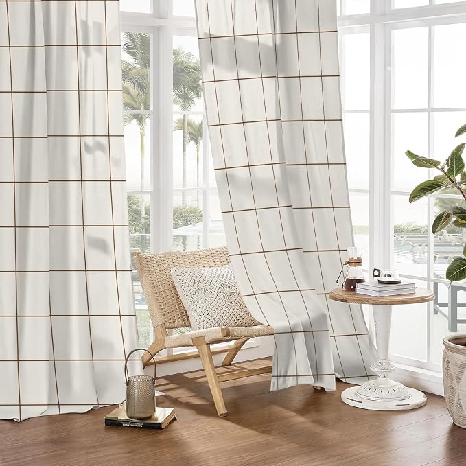 Plaid Curtains 84 inches Long for Bedroom,Farmhouse Gingham Curtains 84 Inches Long for Living Room,Beige Taupe Rustic Gingham Checkered Rod Pocket Light Filtering Stripes Privacy Drapes 2 Panels
