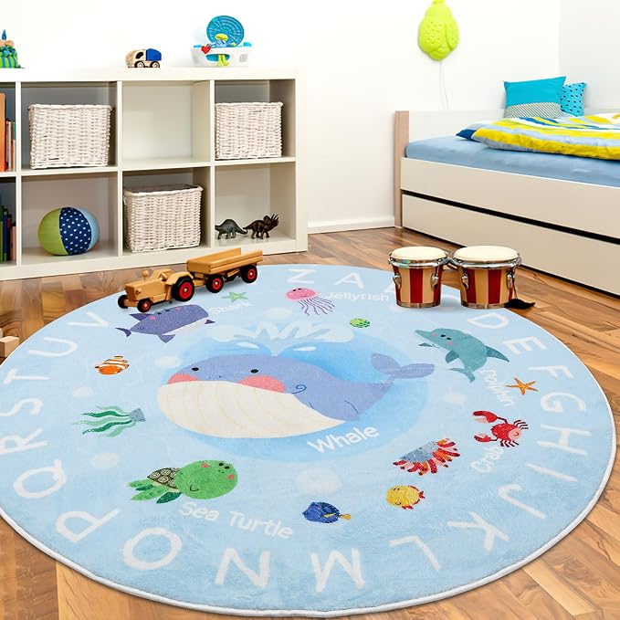 Soft Round ABC Rug for Kids Room,4 ft Washable Circle Rug,Non-Slip Whale Alphabet Kids Rug Carpet for Playroom Bedroom Kids Room Decor