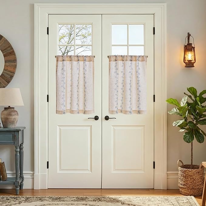jinchan Katy Linen Floral Kitchen Curtains 24 Inches Length Stripe Cafe Curtains Farmhouse Cottagecore Tier Small Window Drapes for Living Room Light Filtering Rod Pocket 2 Panels Blue on Linen