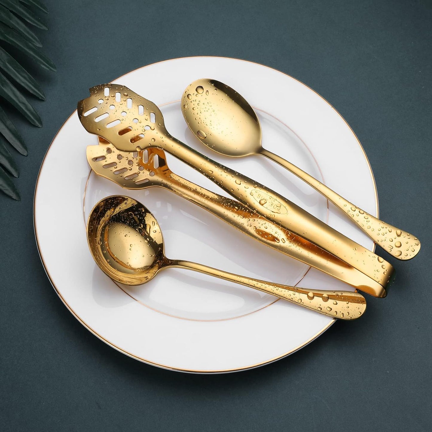 Gold Serving Utensils, OGORI 15-Piece Stainless Steel Gold Serving Utensils Set Include Serving Spoons, Slotted Serving Spoons, Serving Tongs, Serving Forks, Butter Knife, Soup Ladle, Pie Server
