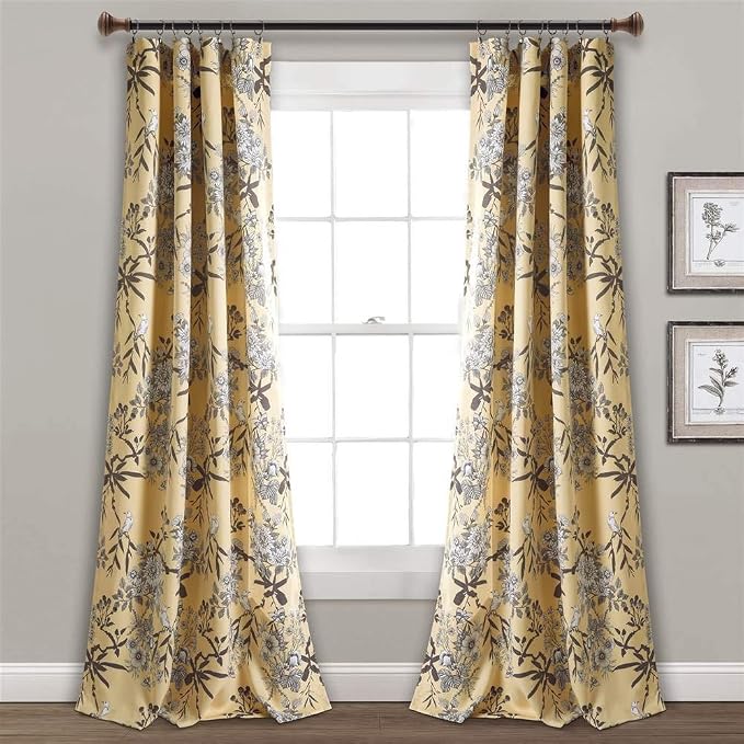 Lush Decor Botanical Garden Curtains Floral Bird Print Light Filtering Window Panel Drapes Set for Living, Dining, Bedroom (Pair), Yellow, 52"W x 84L"
