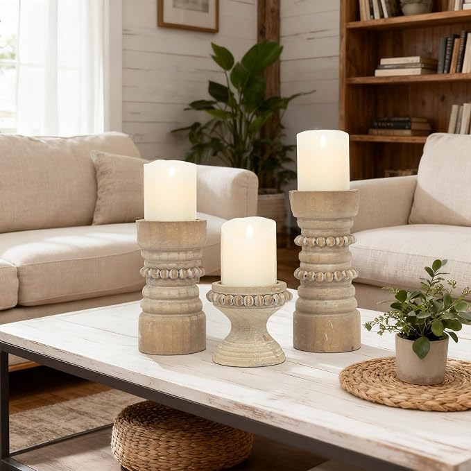 Rustic Natural Wood Candle Holders Set of 3, Farmhouse Beaded Wood Pillar Candle Holder, Candle Holders for Pillar Candles & Candlesticks, Candle Sticks Holder Decor for Table Centerpiece