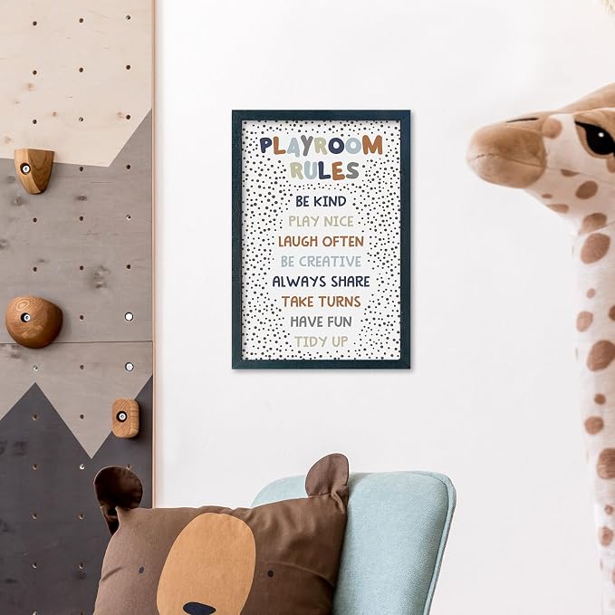 Playroom Rules Sign for Kids, 11x16 Black Wood Framed | Boho Neutral Polka Dot, Wall Decor