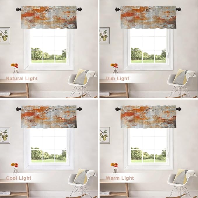 Shrahala Brushstrokes of Paint Blackout Short Curtains for Windows, Orange Grey Canvas Texture Kitchen Valance Thermal Insulated Rod Pocket Window Treatment for Bathroom 2 Pack 52 X 16 in