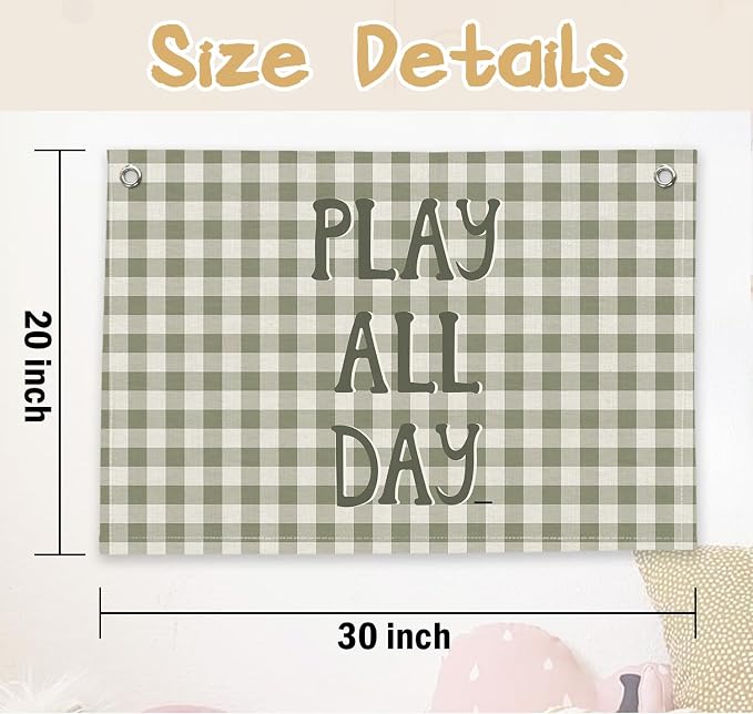 RTXLEZM Kids Playroom Decor, Play All Day Canvas Banner Wall Hanging, Retro Boho Sage Green Plaid Wall Art Prints for Baby Toddler Boys Nursery Room Bedroom Playroom Decor, 20x30 Inch