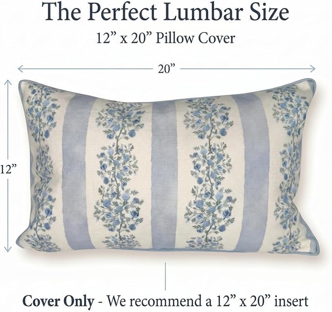 Jillien Harbor “The Juliet” Floral Block Print Pillow Cover – Soft Blue and Off-White Decorative Throw Pillow Cover – Grandmillennial Home Decor, 12"x20"