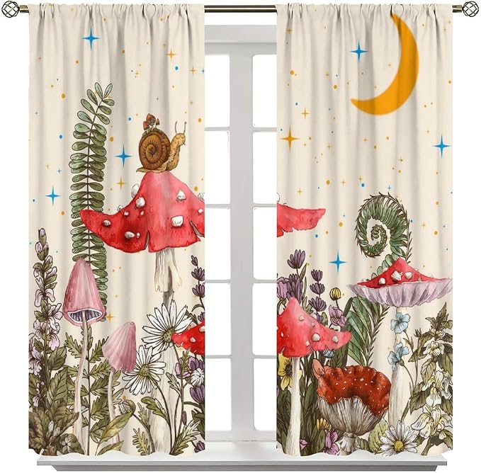 Watercolor Mushroom Curtains, Rustic Vintage Country Red Mushroom Nature Plants Fern Botanical Flowers Moon Stars Blackout Window Curtains for Bedroom Kitchen, 63" W X 63" L