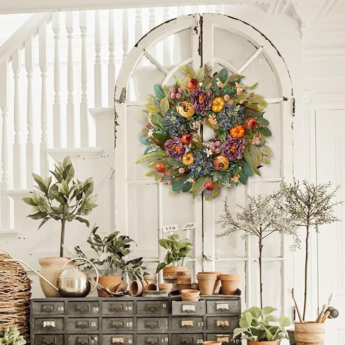 WANNA-CUL 24in Fall Front Door Wreath,Hydrangea Peony Pumpkin Harvest Decor | Twig-base Autumn wreath, Thanksgiving Farmhouse decor with storage box for reuse, indoor outdoor seasonal gift