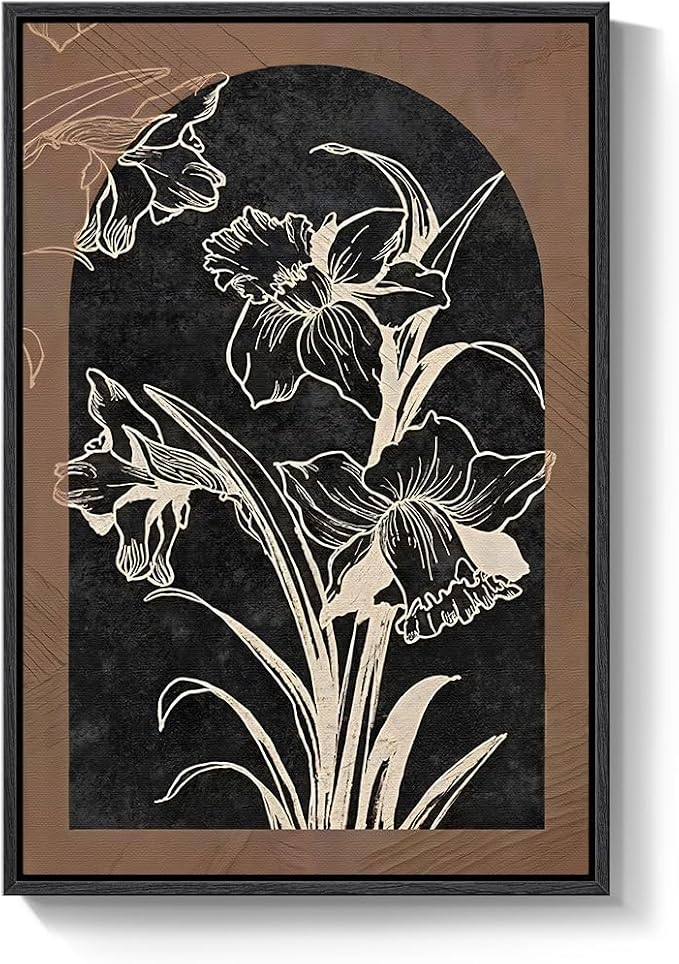 Framed Boho Floral Wall Art for Living Room, Abstract Black Brown Flower Canvas Paintings Prints Artwork for Walls, Mid Century Modern Bohemian Pictures Wall Decor for Bedroom Home Office, 24x36 Inch