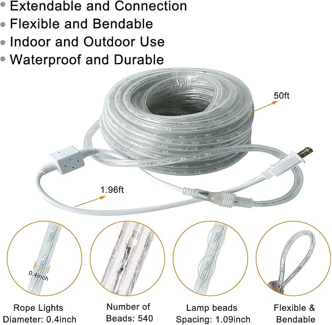 SURNIE Rope Lights Outdoor Waterproof Daylight White: LED 50FT Cuttable Outside Bright 110V Lighting Connectable Flexible Plug Cool Clear Tube, Indoor Deck Patio Xmas Camping Decor, Not Flat Strip