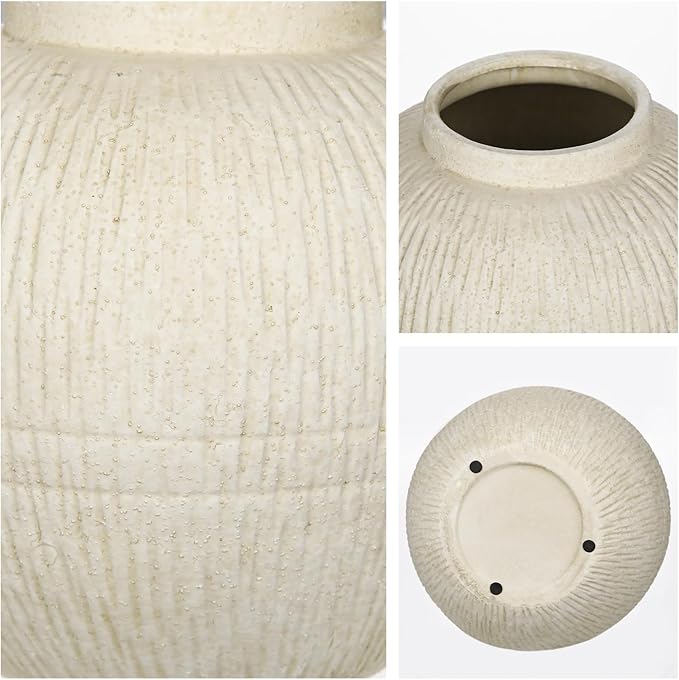 7" Short Round Clay Vase with Vertical Engravings Texture, Sand-Grain Tactile, Wide Ceramic Vase for Cafe Centerpiece Decor, Bohemian Style, Small & Beige White