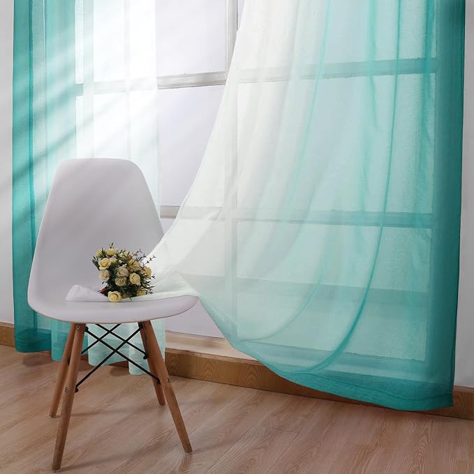 DWCN Ombre Short Sheer Curtains - Faux Linen Semi Voile Gradient Light-Filtering Bedroom and Living Room Curtains, Set of 2 Grommet Top Window Drape Panels, 42 x 45 Inch Length, Teal