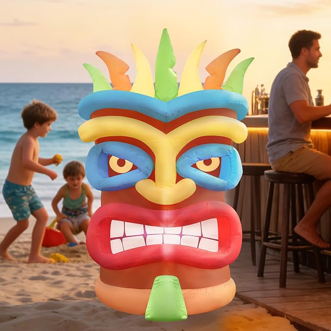 3.9Ft Tiki Inflatable Luau Decoration, Outdoor Hawaiian Blow up Decor with LED Lights, Pool Party Summer Decor Tiki Bar Statue Ornaments for Tropical Party Lawn Luau Aloha Bar Beach