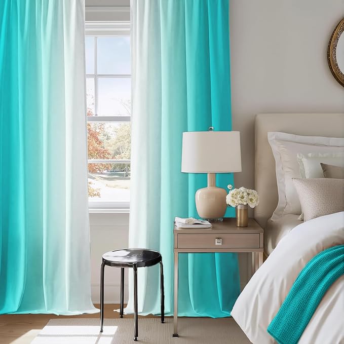 Turquoise Curtains for Living Room 84 Inch Length Teal Ombre Curtains 2 Panel Bedroom Turquoise Ombre Light Filtering Window Curtain Modern Gradient Drapes