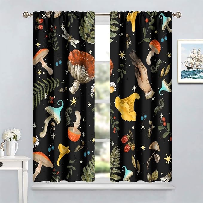 Retro Mushroom Curtains, Boho Rustic Vintage Botanical Mushroom Gothic Witch Wildflower Plant Print Blackout Window Treatments for Living Room Bedroom Kitchen 63x63in