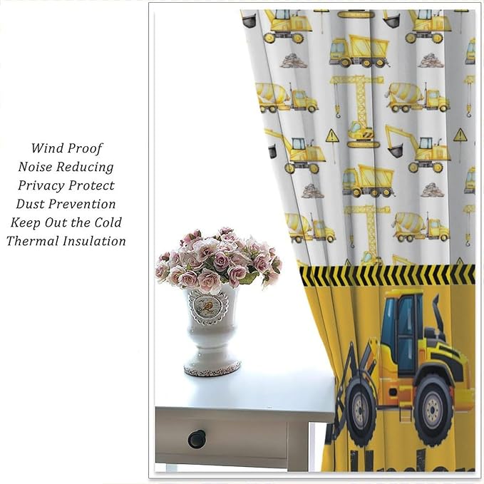 Cartoon Car Blackout Curtain,Boys Kids Construction Vehicles Truck Yellow Window Curtain for Dining Room Kitchen Bedroom Living Room Office Nursery Drapes Decor,42x45 in