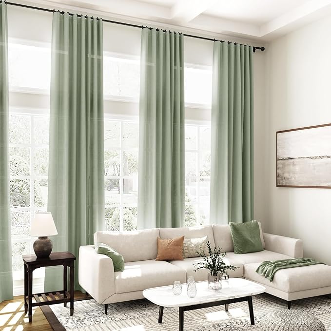 Desert Sage Linen Curtains 132 Inch Length for Living Room Light Filtering Semi Sheer Curtain Back Tab Rustic Farmhouse Decor Elegant Drapes Floor to Ceiling High Window for Bedroom 52x132, 2 Panels