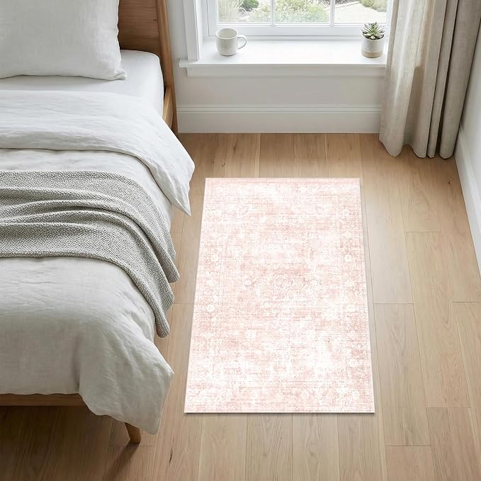 Homemate Washable Rug 4x6 Area Rugs - Vintage Faux Wool Rugs for Living Room Bedroom Dining Room - Non Slip Foldable Carpet Indoor Area Rug for Home Decor(4'x6', Pink
